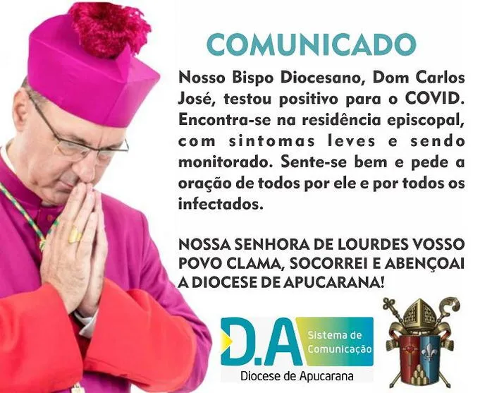 Bispo de Apucarana Dom Carlos testa positivo para Covid-19