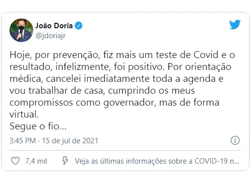 João Doria testa positivo para Covid pela segunda vez