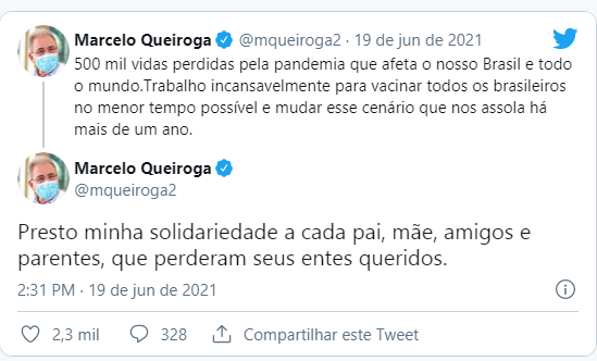 Queiroga lamenta a morte de 500 mil brasileiros pela covid