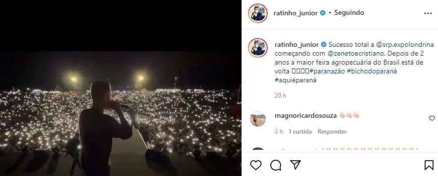 Governador posta vídeo de cantor elogiando Paraná durante show; veja