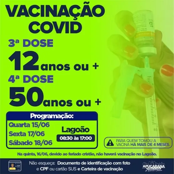 Apucarana não vacina contra Covid no feriado de Corpus Christi