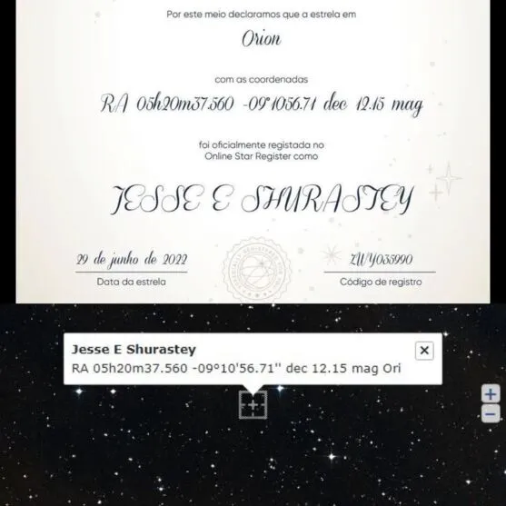  Certificado e indicação de estrela nomeada como homenagem a Jesse e Shurastey 