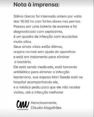 Stenio Garcia: assessoria esclarece estado de saúde após internação