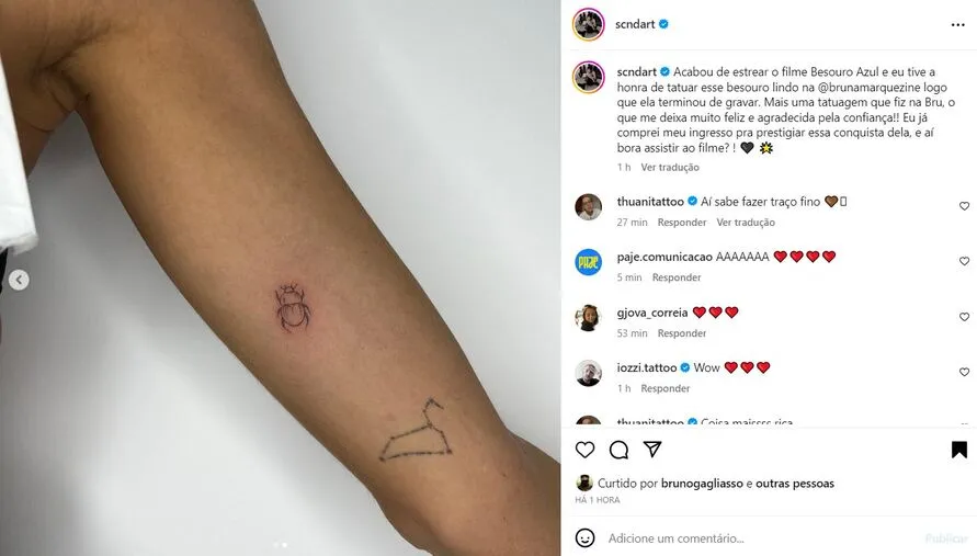 Bruna Marquezine faz tatuagem inspirada no filme Besouro Azul; veja