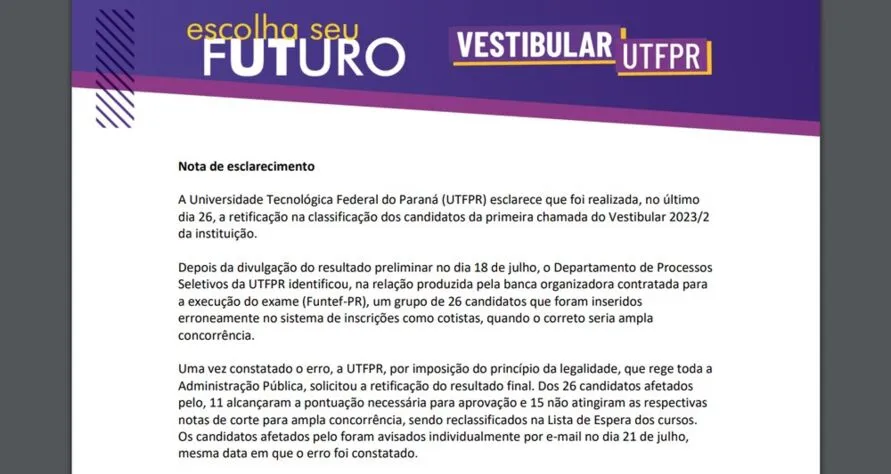 Erro no resultado do vestibular UTFPR exclui 15 candidatos aprovados