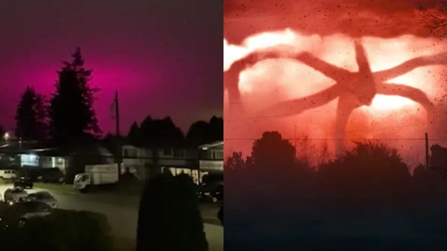  À esquerda, o céu de Delta, no Canadá. À direita, o céu vermelho da série Stranger Things 