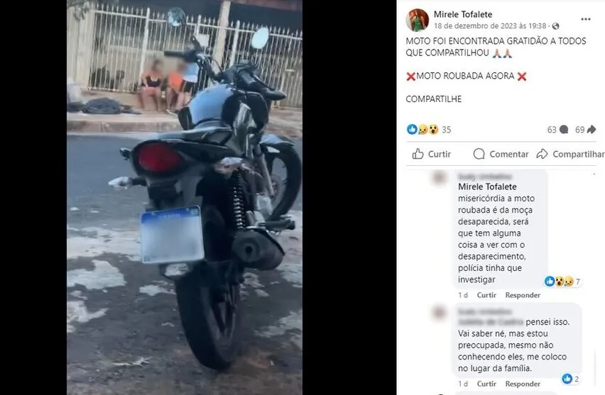  Mirele fez uma publicação a respeito de uma moto roubada 