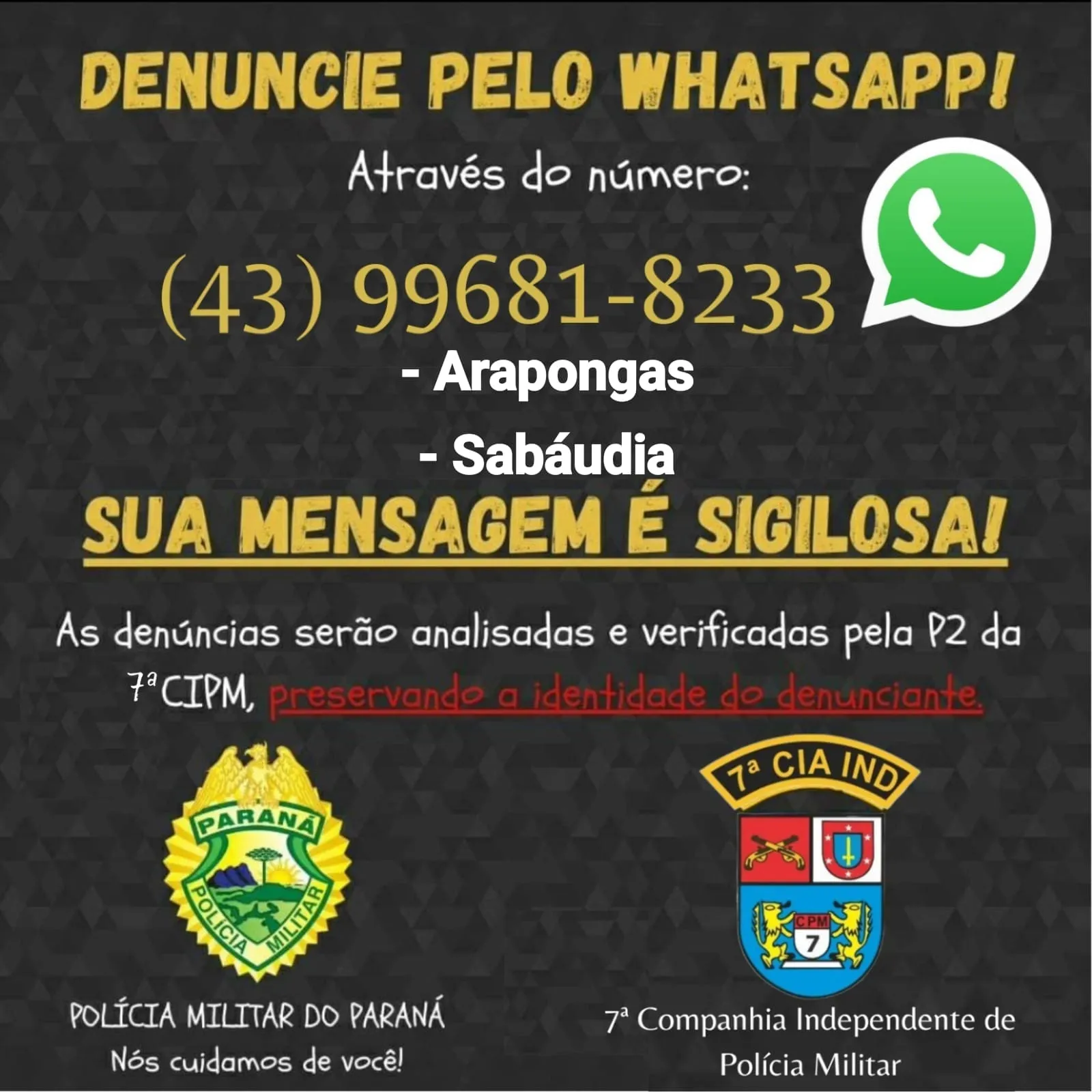 PM de Arapongas disponibiliza canal de denúncia pelo WhatsApp; confira