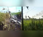 O helicóptero pegou fogo após cair e ficou completamente destruído