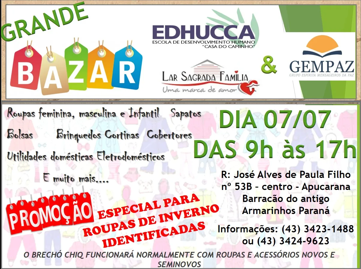 Bazar do Edhucca e Lar Sagrada Família acontece no sábado em Apucarana