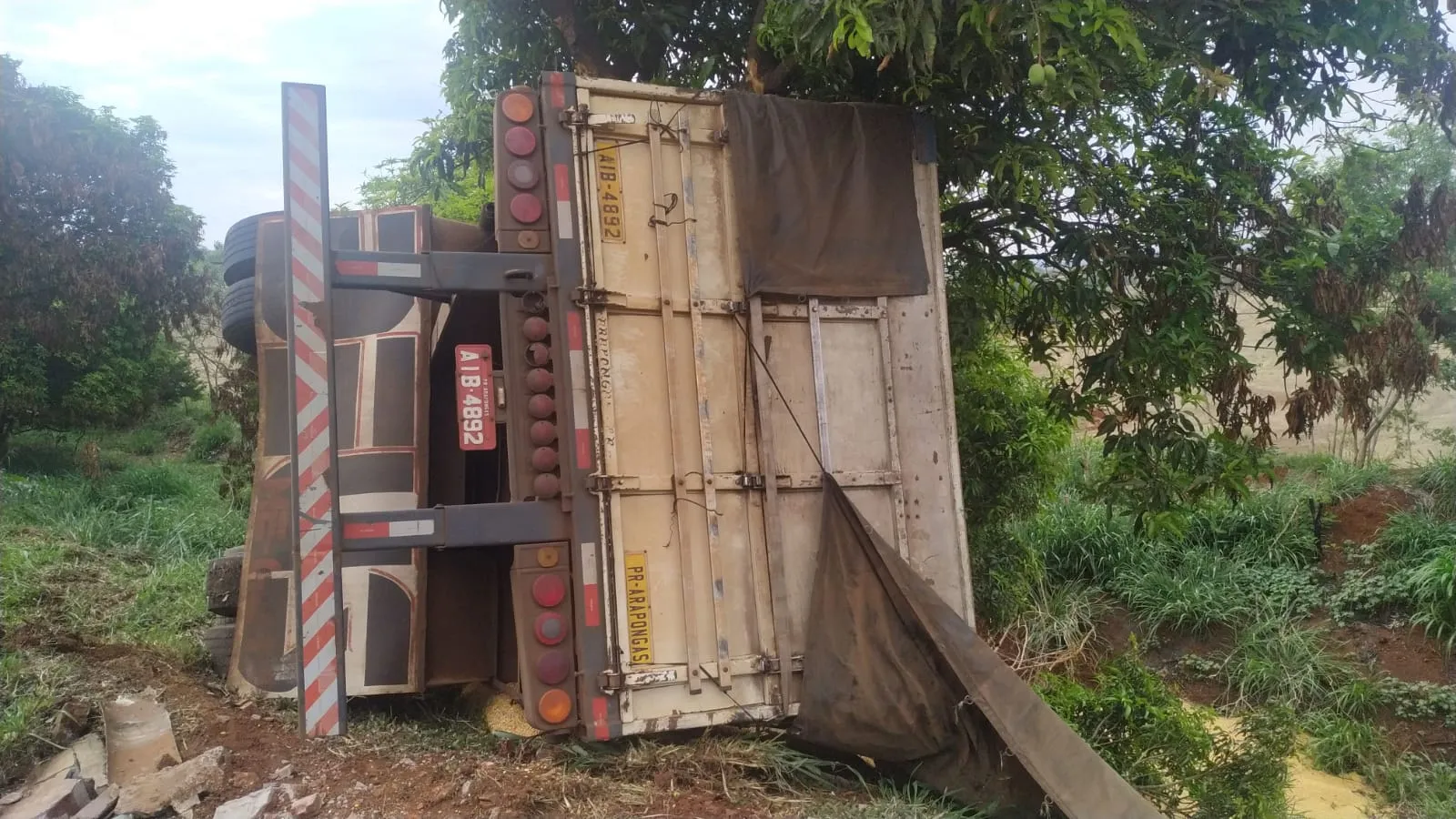 Caminhão carregado com milho tomba em Apucarana 
