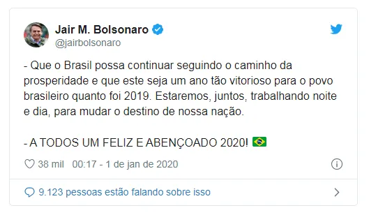 Bolsonaro deseja que 2020 seja um ano tão “vitorioso” quanto 2019