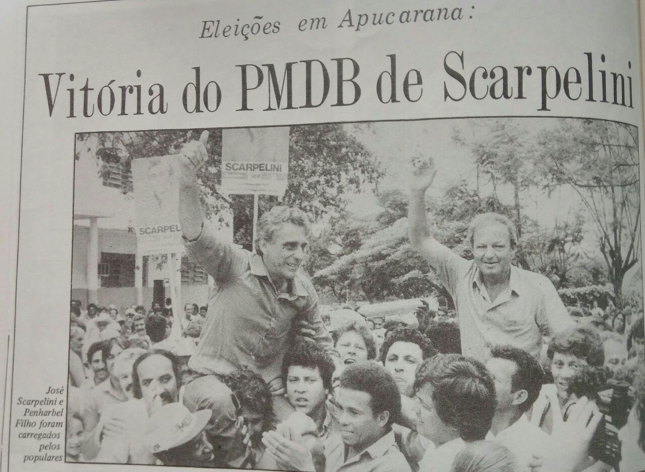 Foto histórica de Scarpelini quando foi eleito prefeito de Apucarana em 1988. Foto: Arquivo
