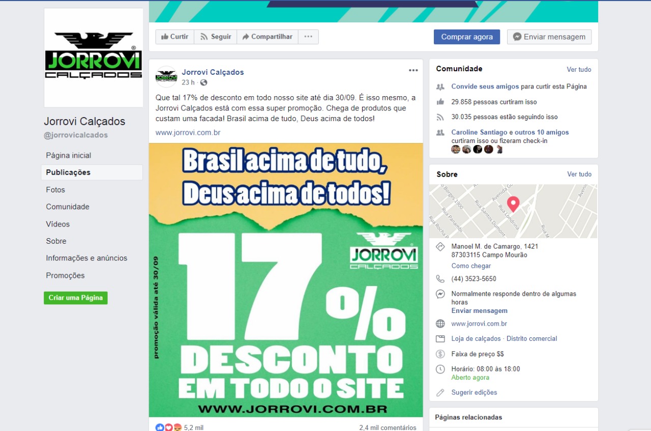 Postagem no Facebook de promoção com 17% de desconto cita nome da coligação de Bolsonaro, mas gerência nega alusão à campanha presidencial do candidato do PSL - Imagem: Reprodução/Facebok