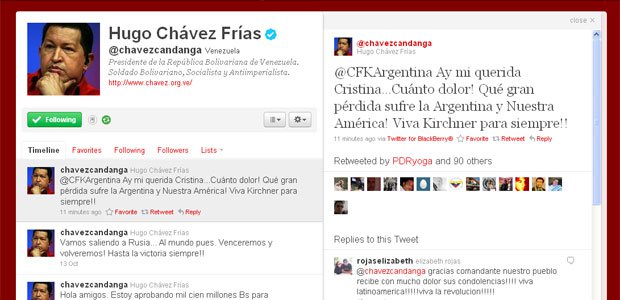 Hugo Chávez enviou mensagem pelo Twitter lamentando morte de Néstor Kirchner.