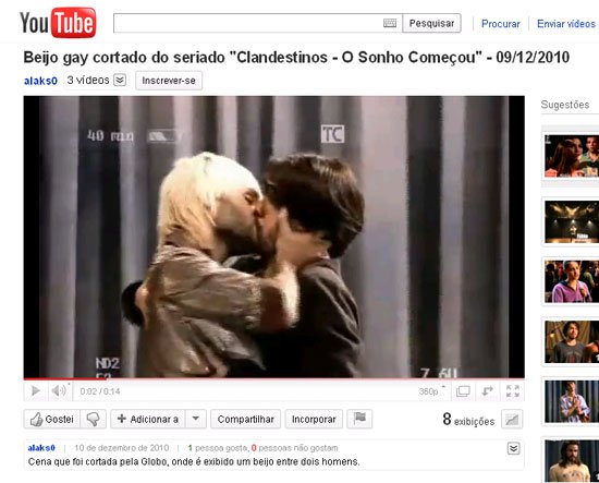 Beijo gay pode ser visto no site Youtube