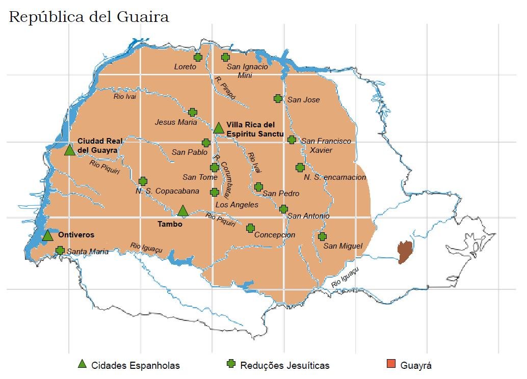 Mapa das reduções jesuítas no território do Guairá, atual Estado do Paraná