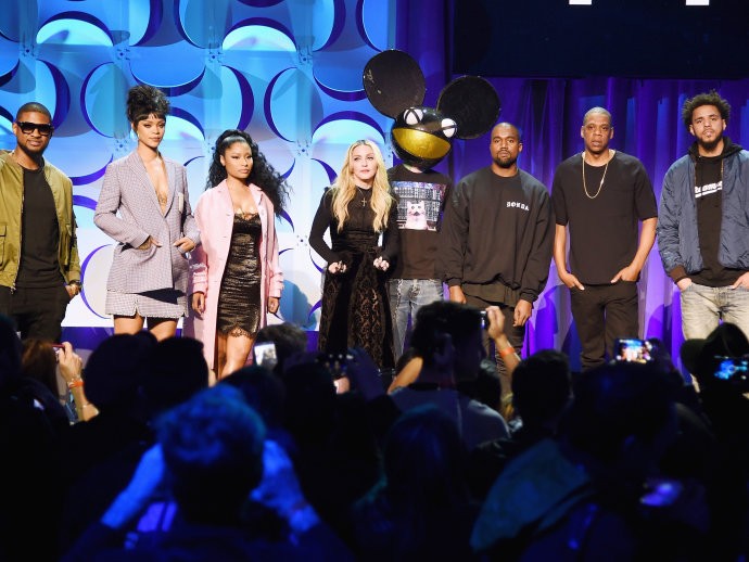 Usher, Rihanna, Nicki Minaj, Madonna, Deadmau5, Kanye West, Jay-Z e J. Cole durante o lançamento do Tidal(Jamie McCarthy/AFP)