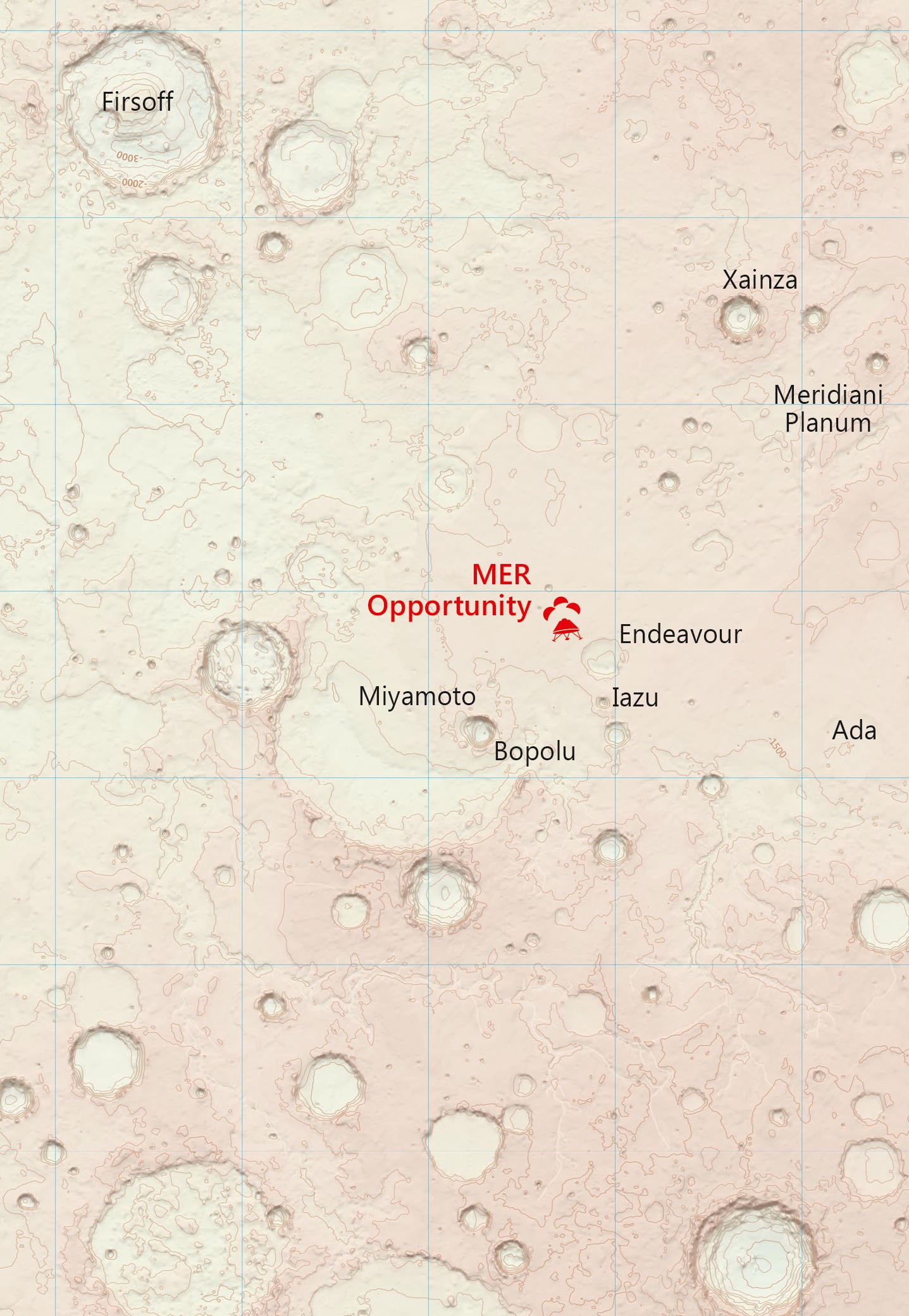 Uma parte do mapa, na qual está localizado o local onde a sonda Opportunity aterrissou. Feito pela Ordenance Survey, com dados da NASA.