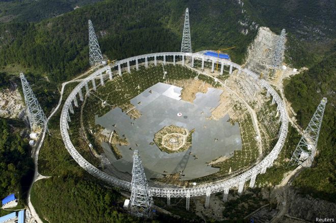 O maior radiotelescópio do mundo está situado zona rural da província chinesa de Guizhou e tem cerca de 500 metros de diâmetro - Foto: Reuters