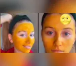Mulher tinge rosto de amarelo ao testar máscara facial