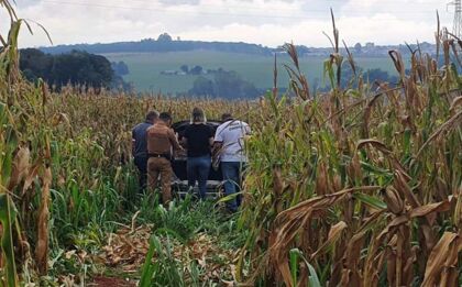 Carro foi encontradp em meio a uma plantação de milho em uma área rural próximo a PR-486, em Cascavel / Foto: Polícia Militar
