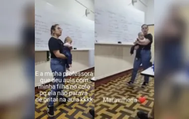 Professora viraliza ao segurar bebê de aluna enquanto dá aula; vídeo