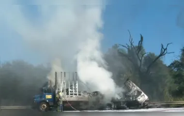 Caminhão que transportava pneus pega fogo e interdita trecho da PR-467