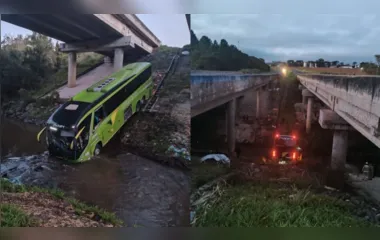 Ônibus de turismo perde controle e cai em rio na BR-376 no PR